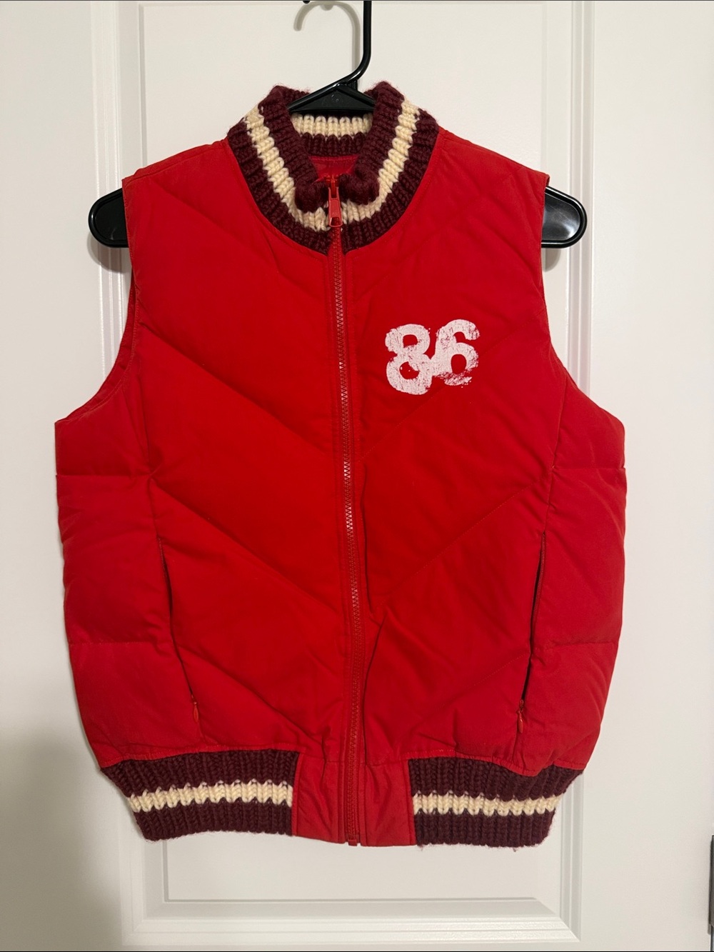 Victoria's Secret Red Quilted Puffer Vest with Striped Knit Trim